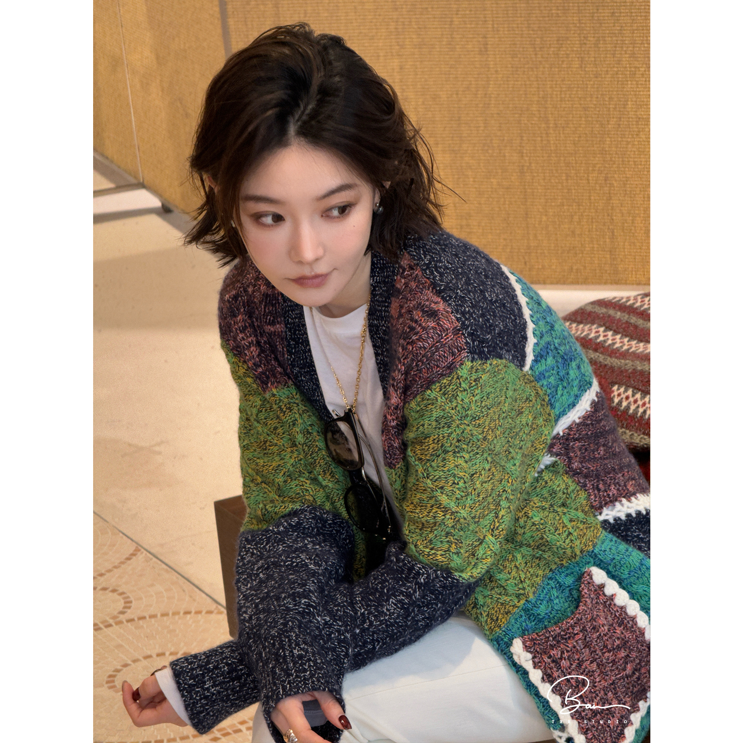 TXB “S+丹霞”定制山羊绒手工织片撞色拼接舒适针织开衫XB-8000