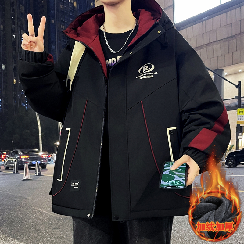 连帽青少年男装港风学生冲锋衣男士夹克外套冬季保暖加厚