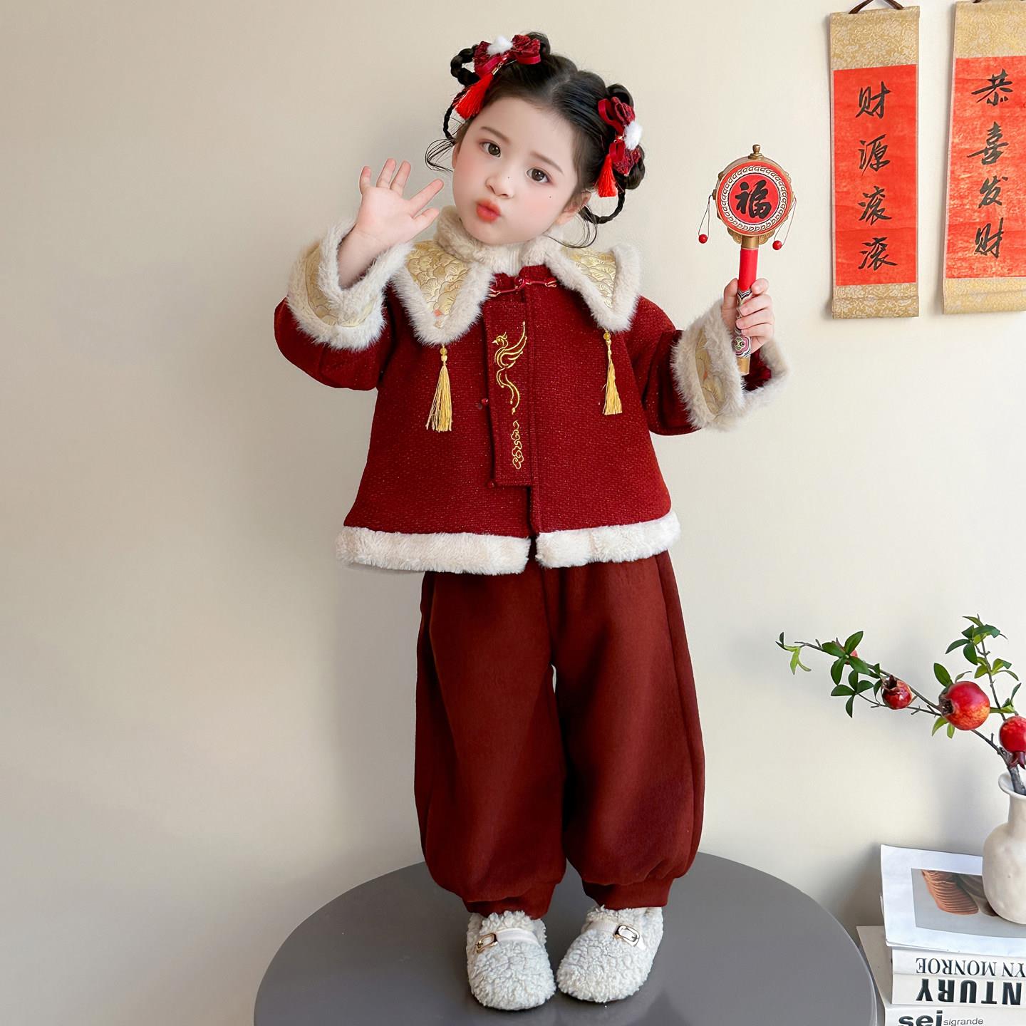女童汉服拜年服冬装2026新款儿童新年红色女宝宝唐装过年衣服套装