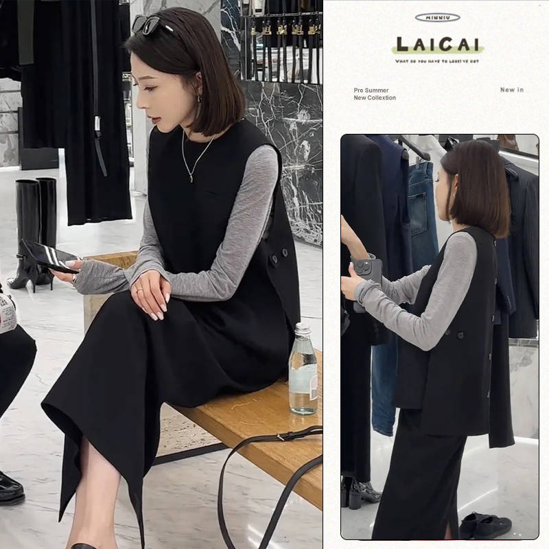 名媛高级感西装裙套装2025秋季新款小众圆领马甲上衣开叉半身裙女