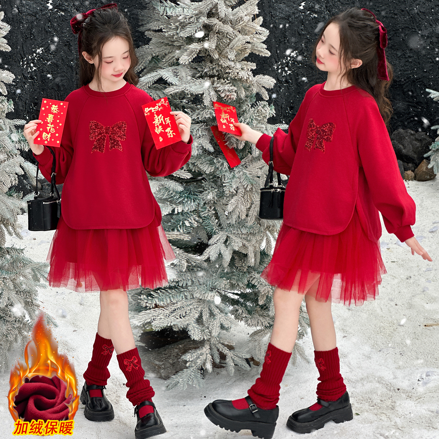 女童加绒连衣裙秋冬装2025新款洋气儿童加厚公主裙中大童红色纱裙