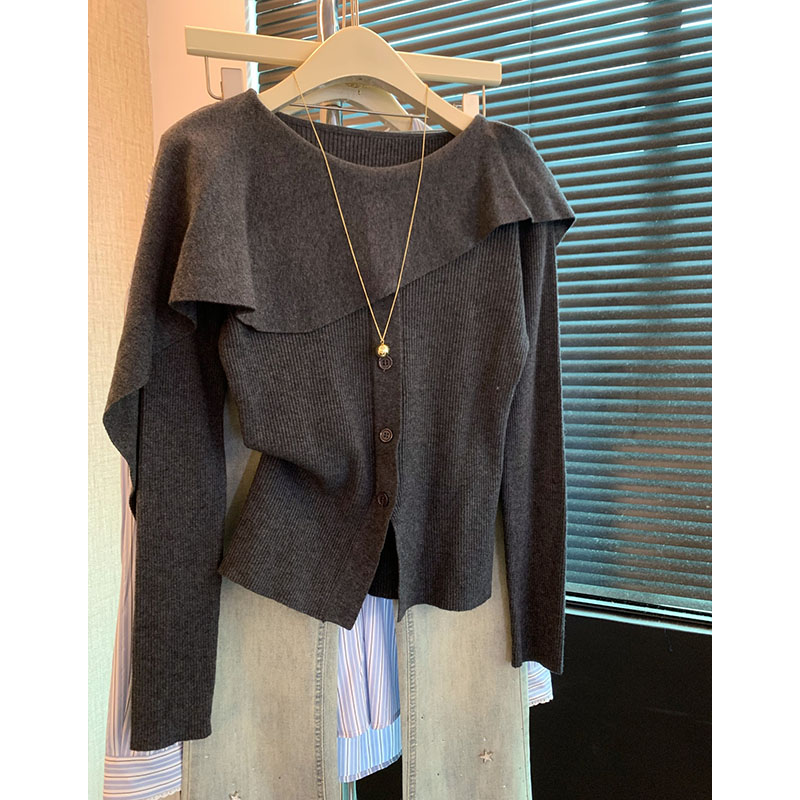 显瘦修身女装韩系穿搭灰色荷叶边针织衫2025秋款开叉下摆长袖上衣