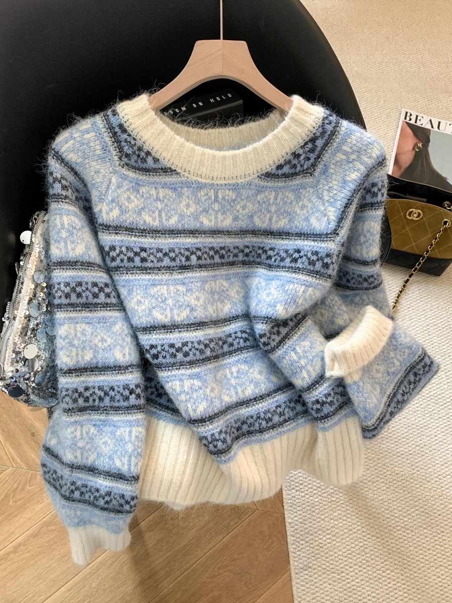北欧风费尔岛提花蓝色气质毛衣女秋冬新款宽松加厚慵懒针织衫上衣