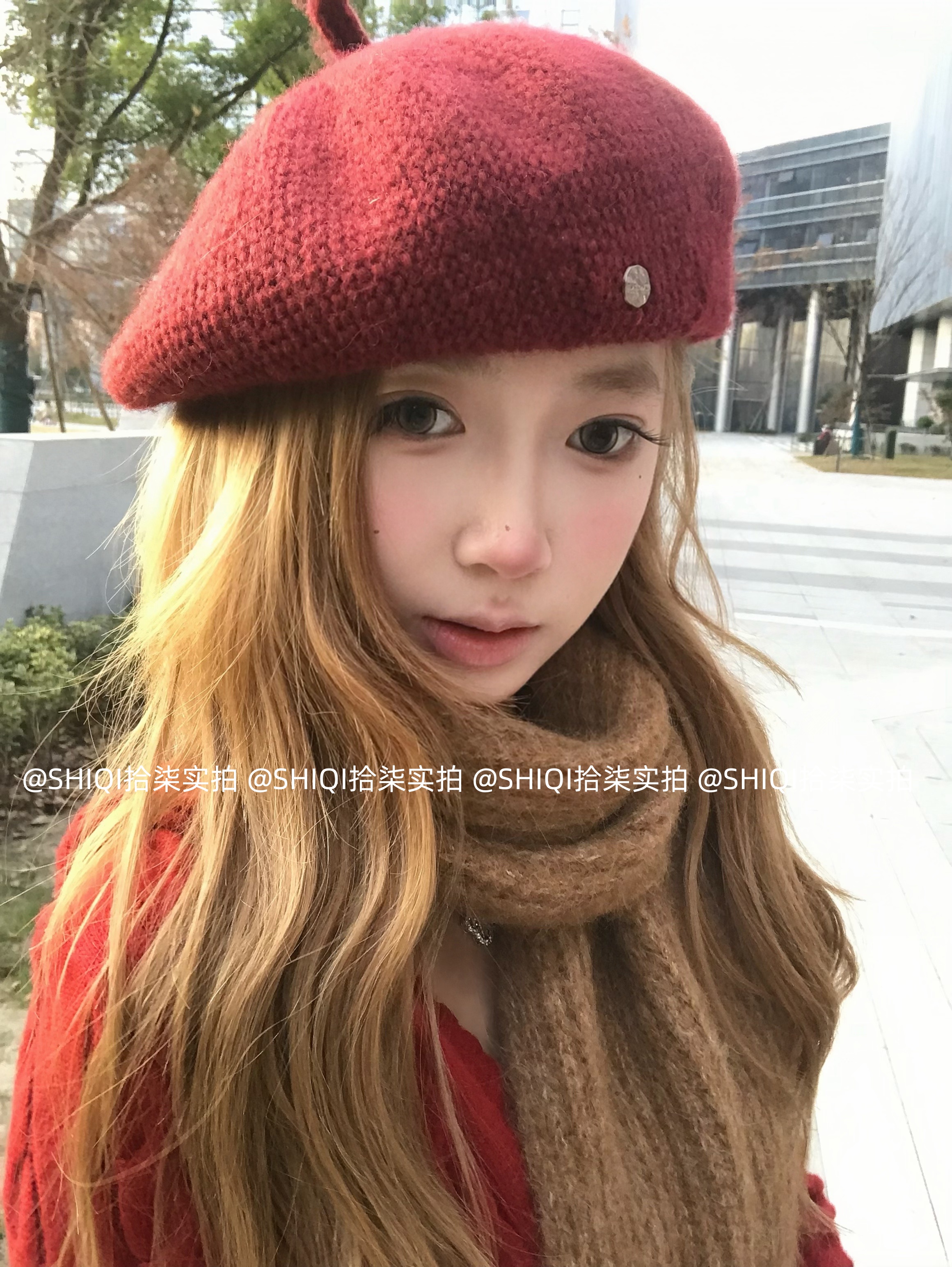 新款小圆标羊毛针织贝雷帽可调节秋冬大头围显脸小文艺百搭氛围感