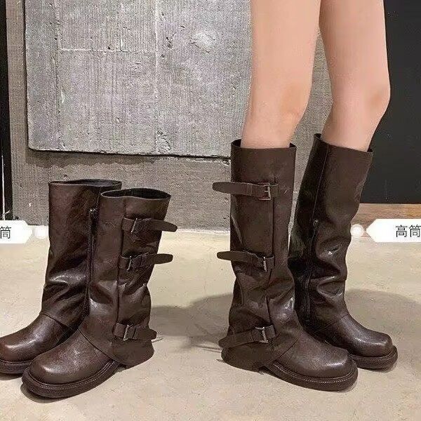 皮带扣褶皱厚底长筒靴女2025秋冬季新款爆款裤管西部靴ins潮靴子