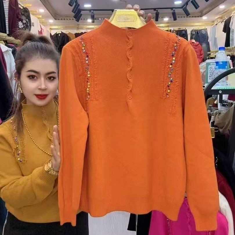 半高领毛针织衫女秋冬纯色简约气质打底衫大码宽松百搭毛衣上衣