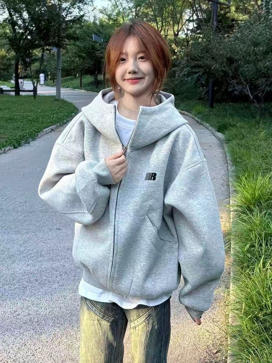美式简约字母高领开衫加绒连帽卫衣女秋冬季宽松拉链情侣款外套潮