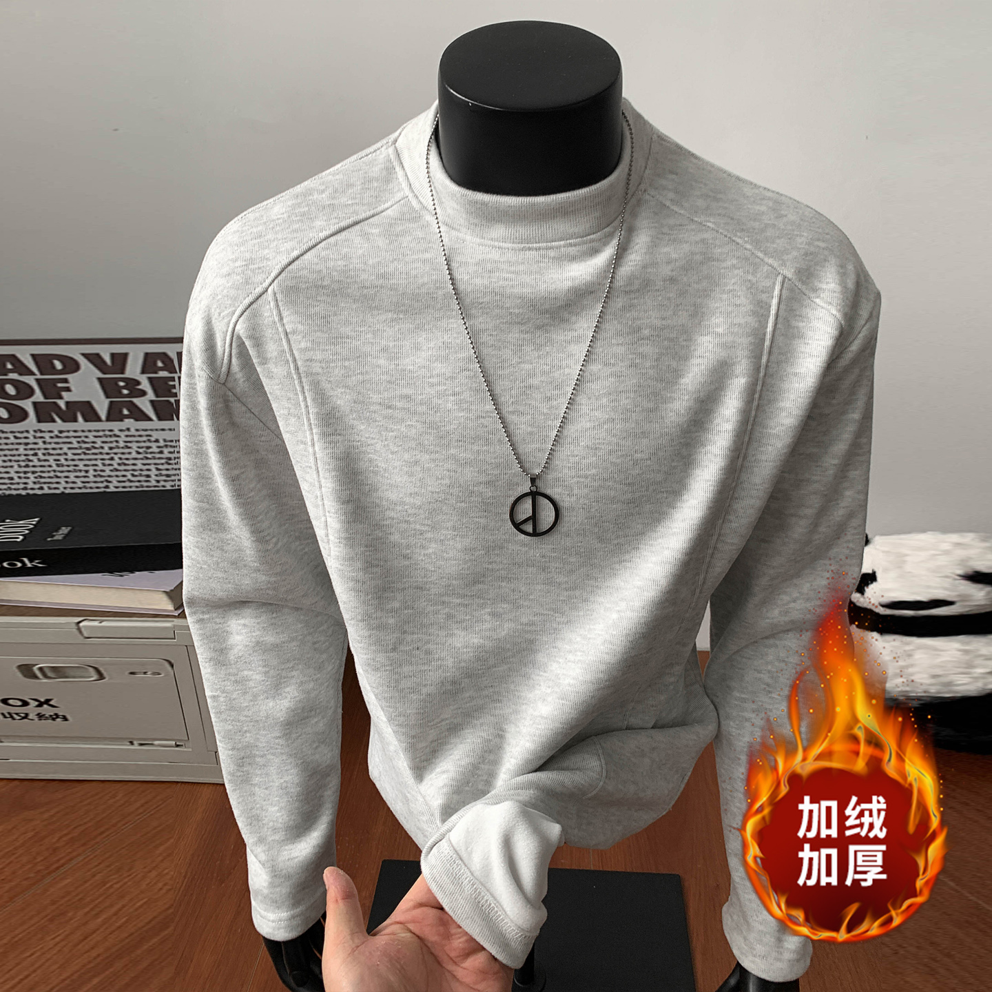 NINEDAO/玖岛秋冬款美式潮流ins长袖T恤男士百搭休闲德绒打底衫