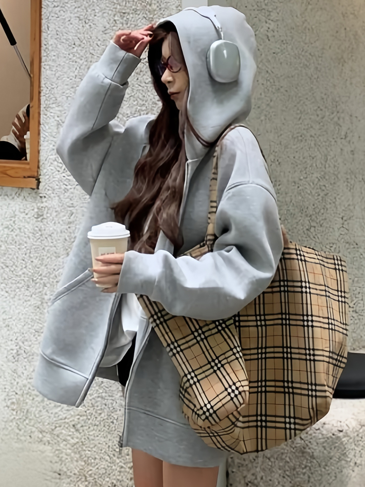 灰色连帽卫衣女秋冬加绒2025新款爆款宽松慵懒风春秋外套开衫上衣