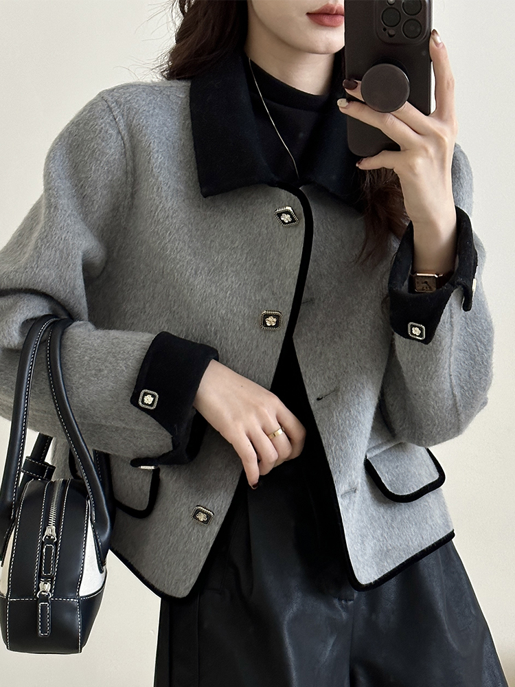 气质呢子外套女短款时尚百搭秋季宽松外穿小个子开衫方领上衣外搭