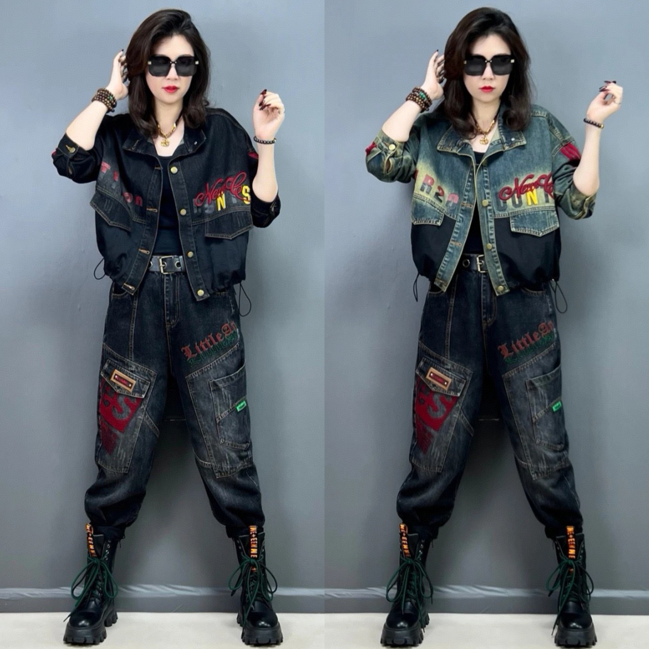 春秋款女装减龄复古刺绣牛仔外套显瘦时髦洋气哈伦裤休闲套装新款