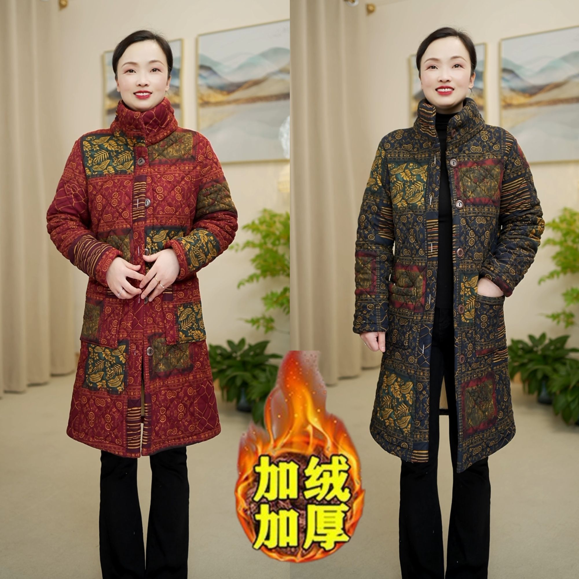 妈妈装冬季中长款加绒加厚棉衣棉袄印花气质棉服立领棉衣保暖