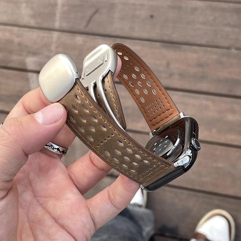 适用华为watch fit4/3镂空疯马皮真皮4pro圆滑折叠磁吸扣透气腕带