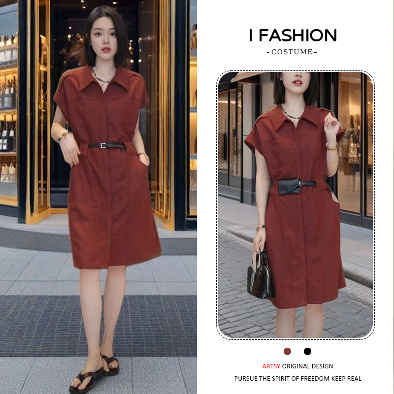 设计感时尚短袖连衣裙女2025年夏季新款洋气百搭收腰遮肉显瘦裙子