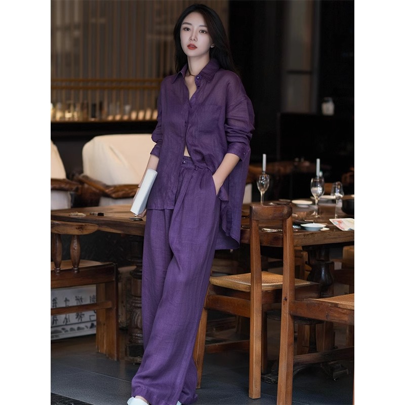 时尚休闲紫色衬衫阔腿裤洋气两件套女2025秋季新款高级感气质套装