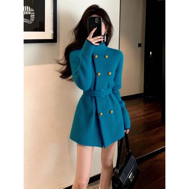 【现货】轻熟风高级感孔雀蓝针织外套秋季新款系带收腰立领长袖上衣