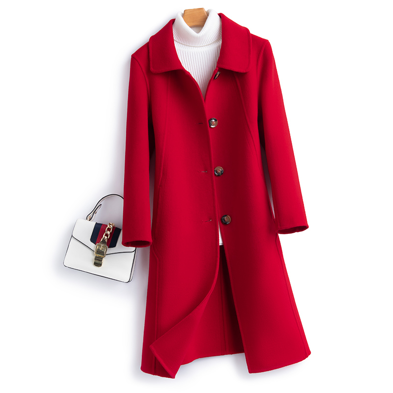 100%绵羊毛红色纯羊毛双面呢大衣女长款娃娃领修身显瘦羊毛呢外套