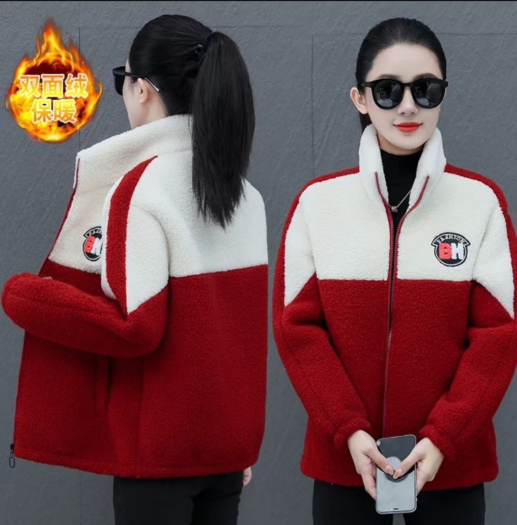 冬季加绒加厚颗粒绒外套女装拼接减龄立领保暖时尚潮流百搭上衣66