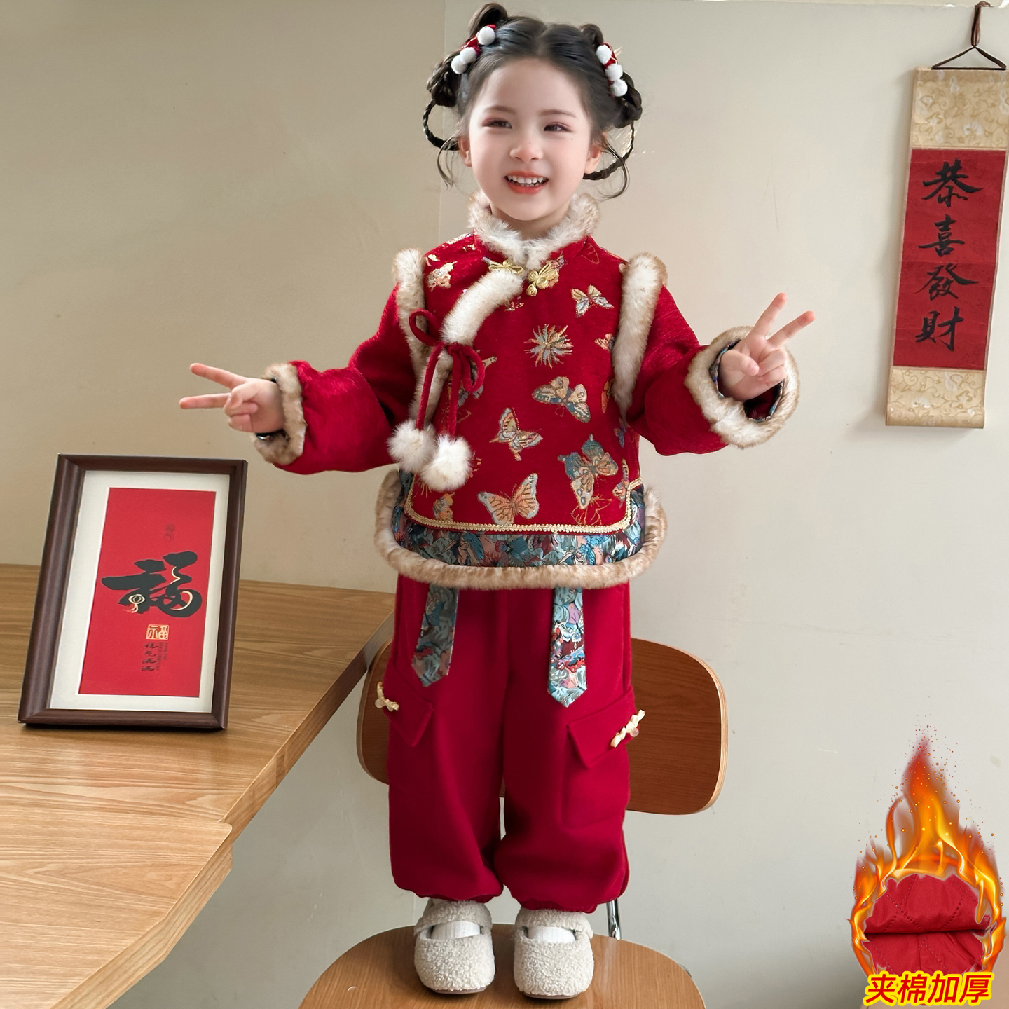 女童保暖汉服新款拜年服冬装加厚女宝宝古风唐装儿童喜庆过年衣服