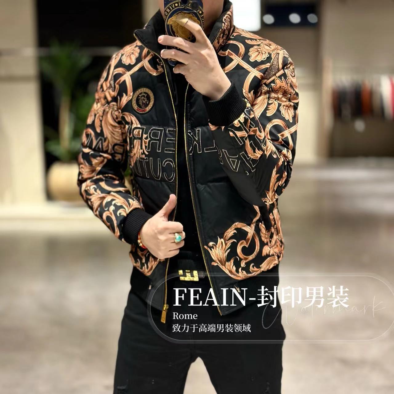 【雷迪凯奇】高端定制巴洛克风格奥钻豹子男士羽绒服112