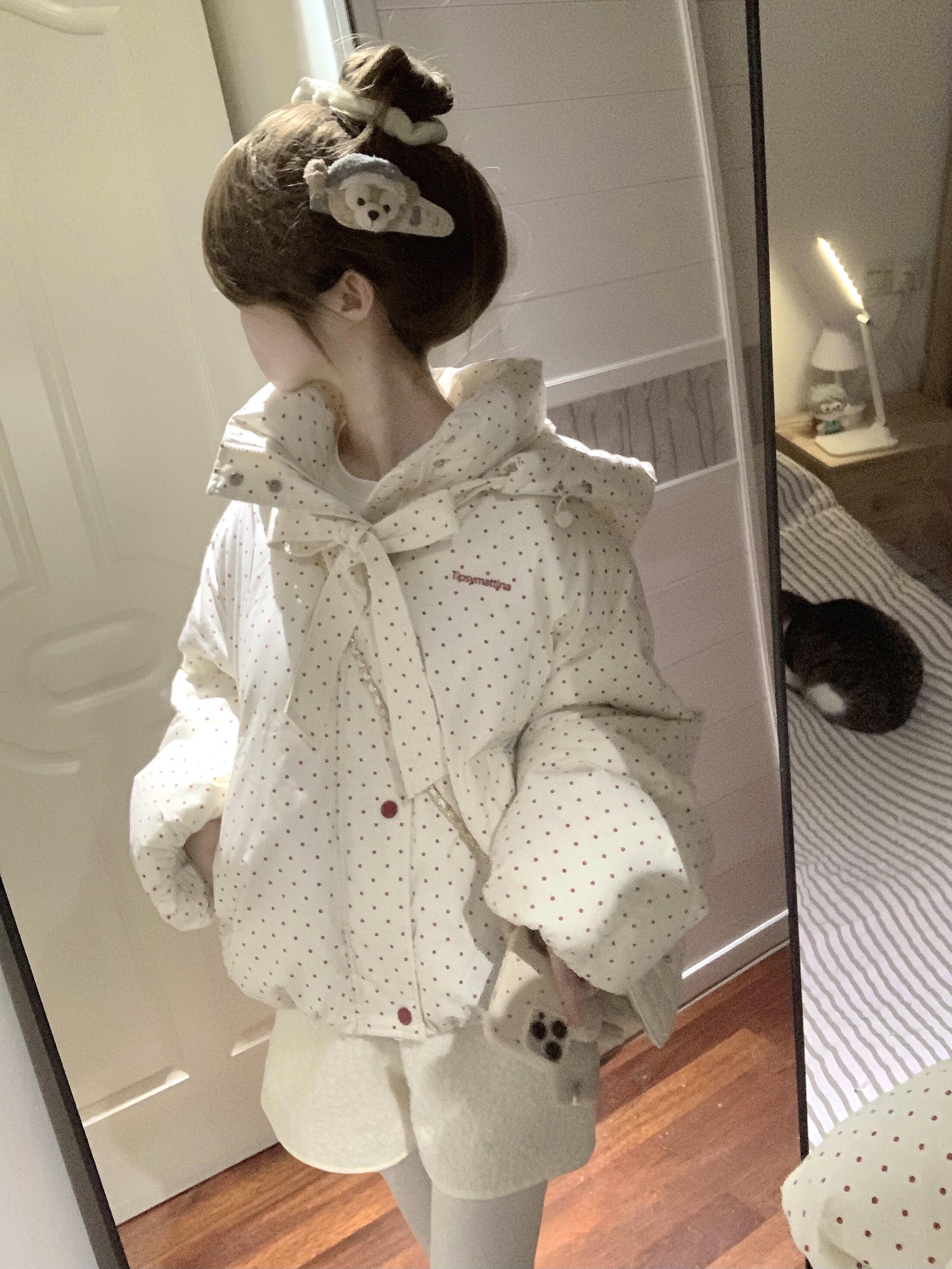 波点蝴蝶结设计连帽短款保暖甜美棉服女新款冬季加厚面包棉衣外套