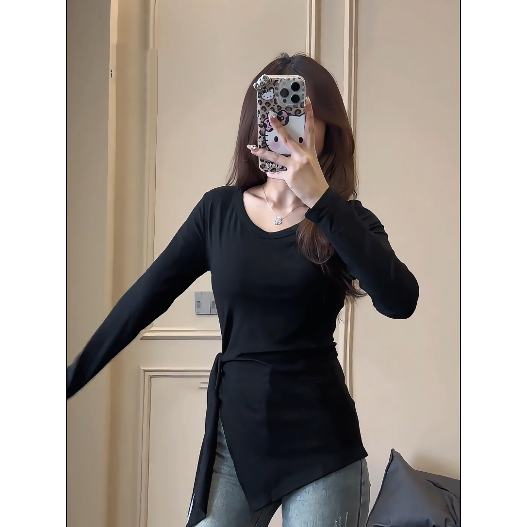 8130大码胖mm秋冬新款系带不规则开叉显瘦遮肉打底衫气质收腰T恤