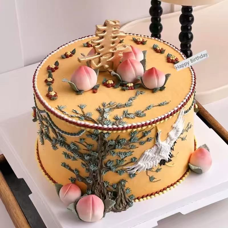 创意手绘松鹤延年寿桃老人祝寿生日蛋糕重庆成都上海北京全国配送