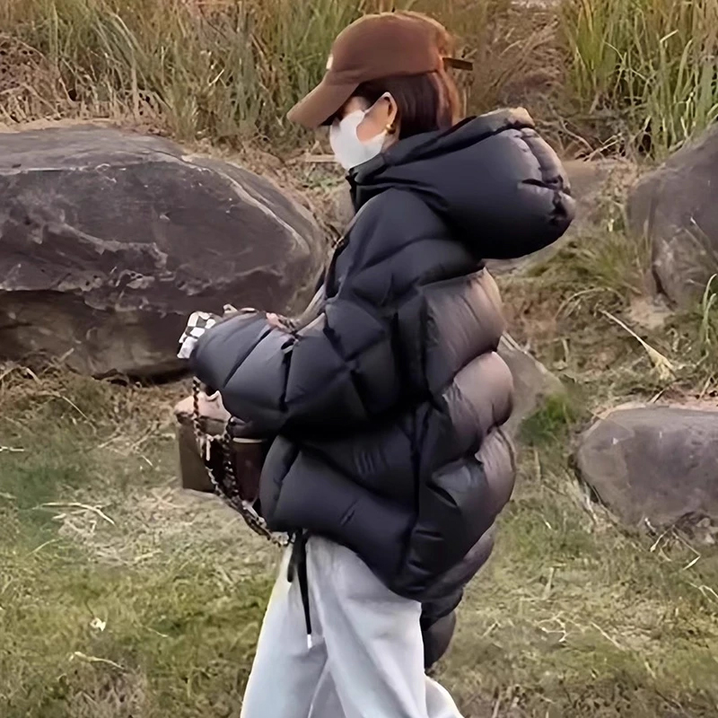 美式黑色夹棉加厚棉服女2025冬季短款连帽宽松保暖面包服棉衣外套