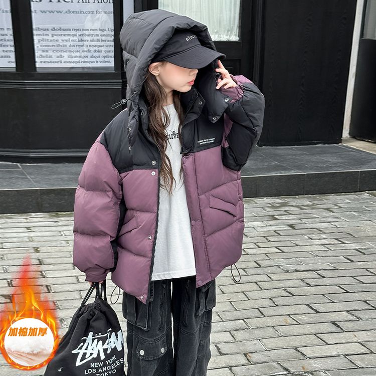 女童棉服2025新款冬季儿童洋气时髦大童韩版拼色连帽保暖加厚棉衣