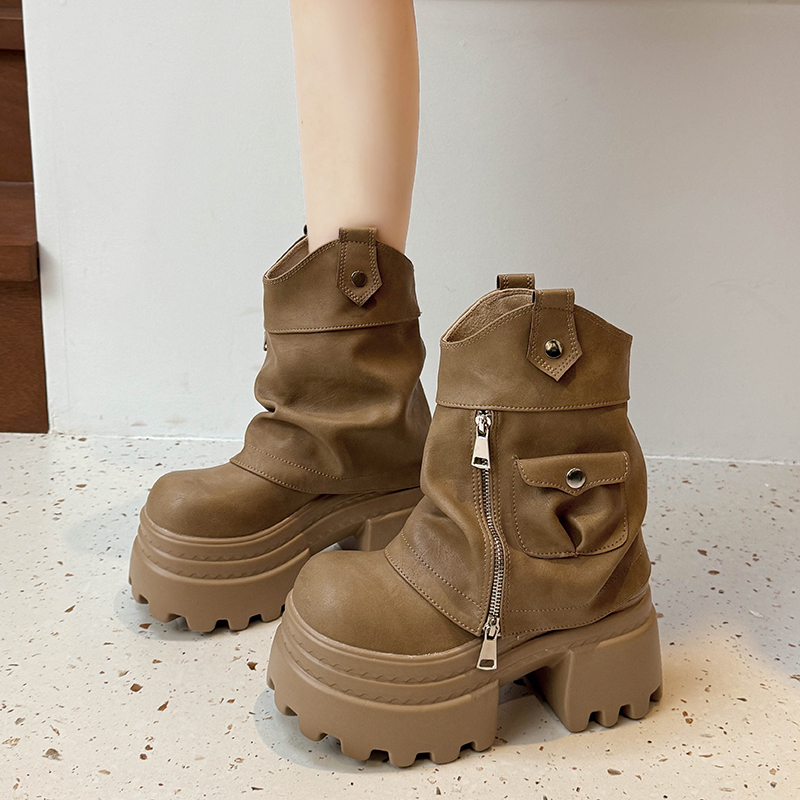 美拉德短筒马丁靴女2025秋冬季新款棕色英伦风复古高跟厚底裤管靴