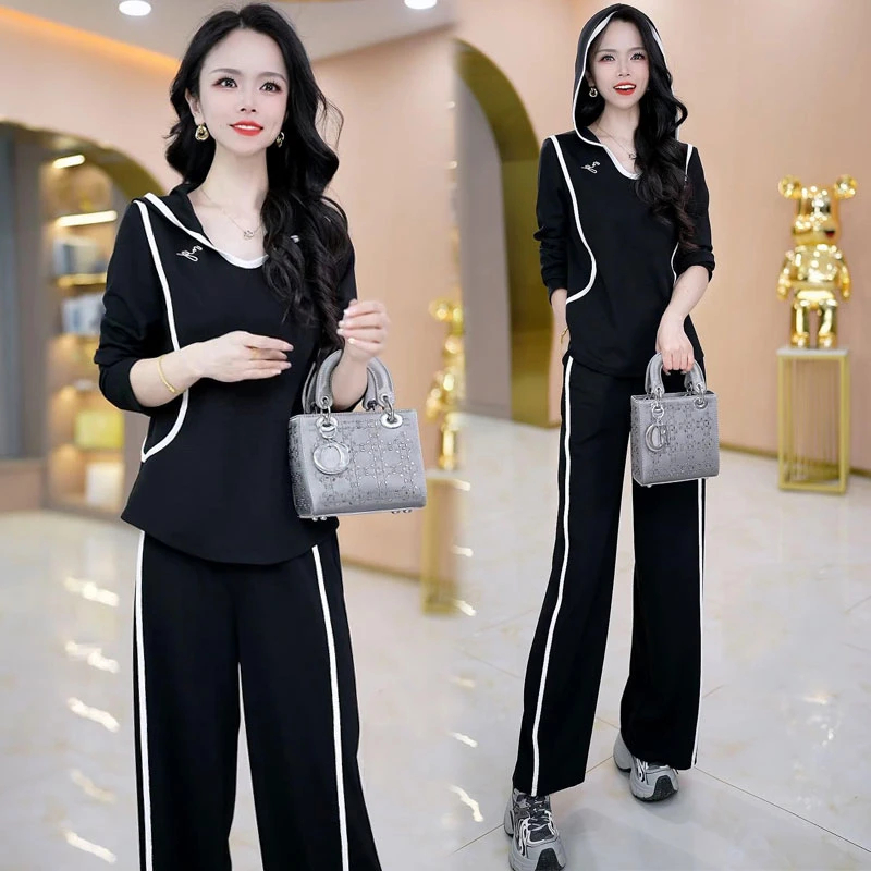 时尚套装女2025秋季新款时髦洋气连帽长袖上衣阔腿裤休闲两件套潮