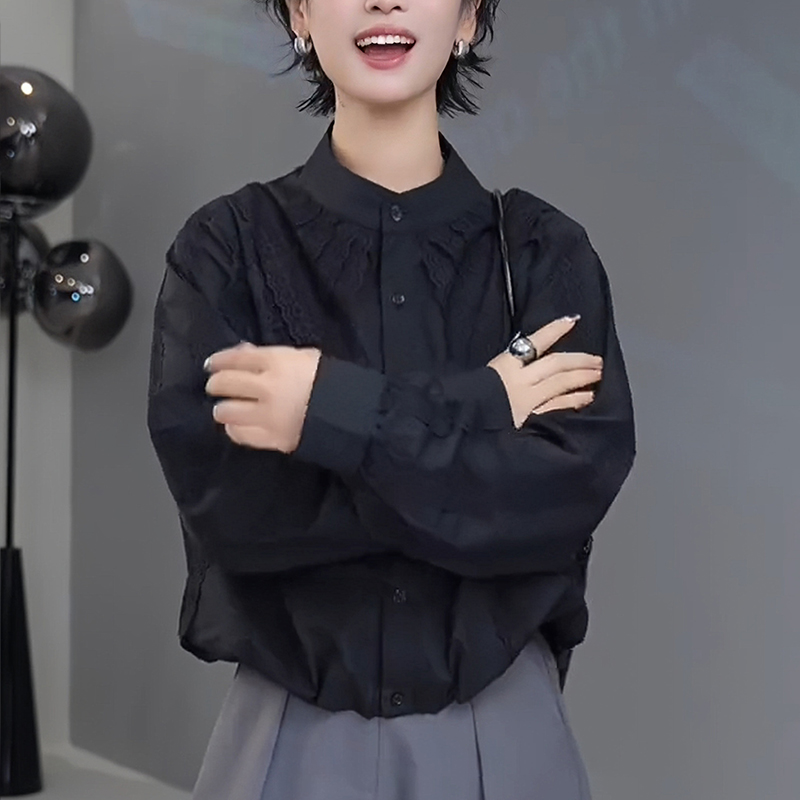 立领设计感长袖衬衫女早秋2025新款宽松时尚显瘦蕾丝拼接气质上衣