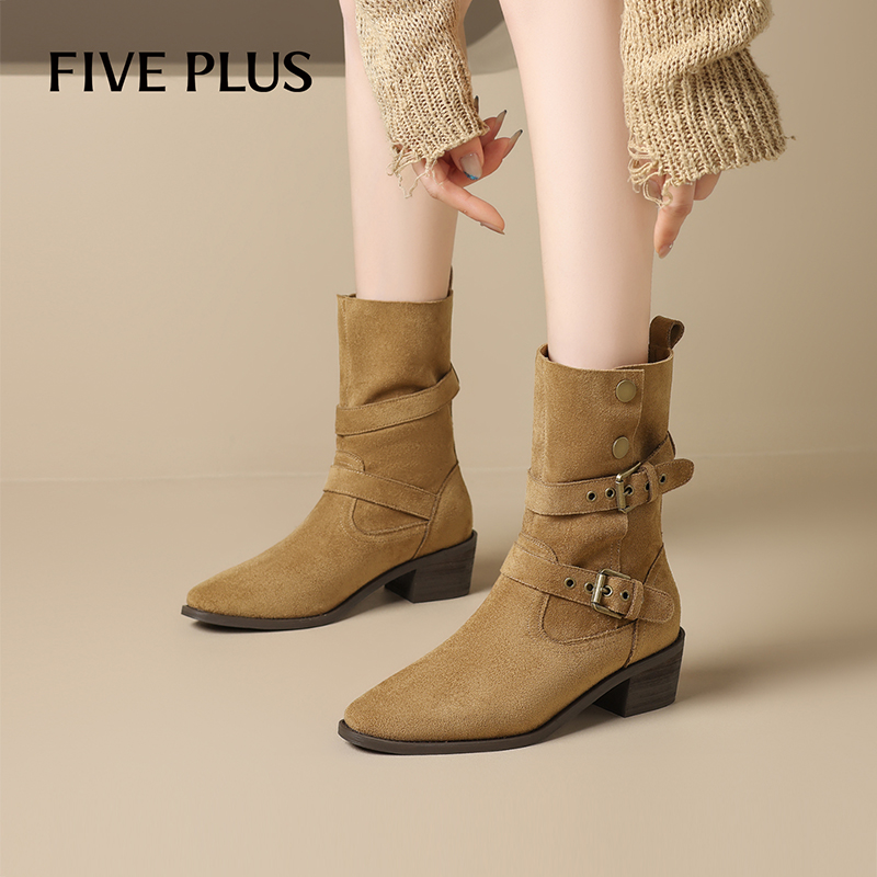 FIVE PLUS棕色皮带扣马丁靴女2025年秋冬季爆款西部牛仔粗跟短靴