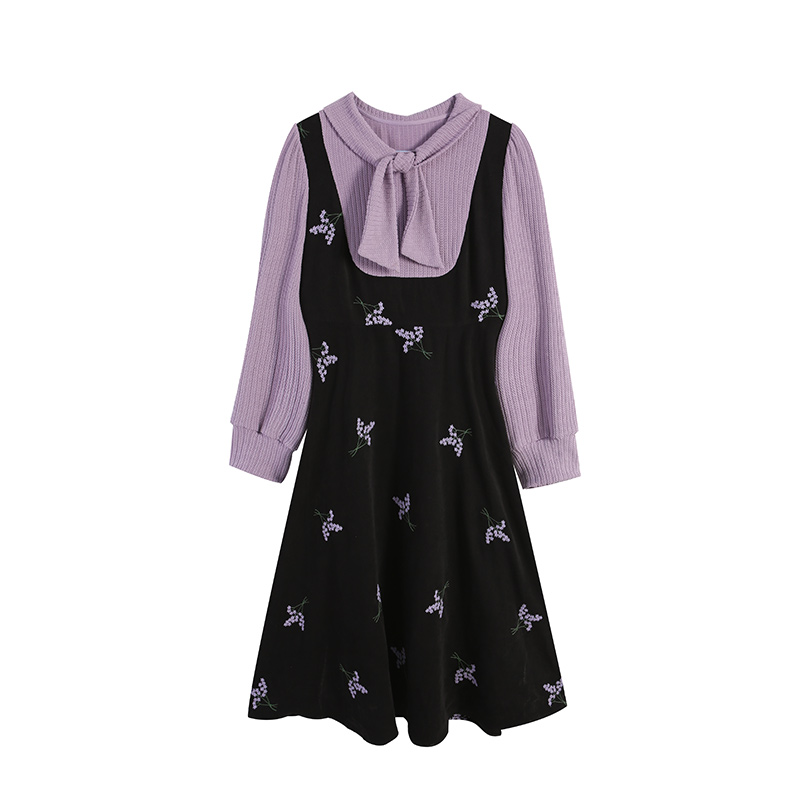 黑拼紫色秋冬假两件气质蕾丝时尚显瘦连衣裙针织裙子ZL113100