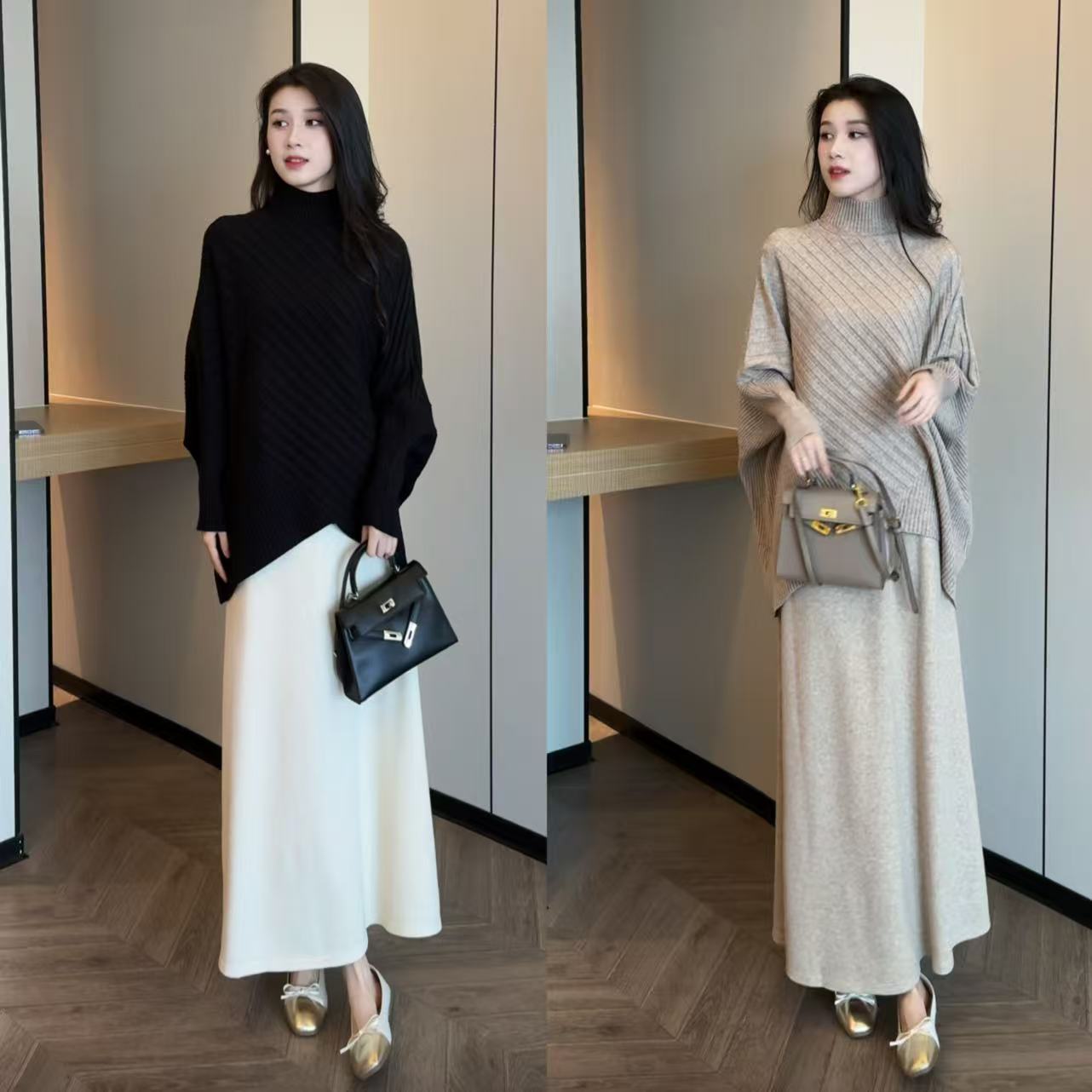 慵懒风不规则宽松纸片人显瘦气质毛衣+垂坠纯色气质半身裙两件套