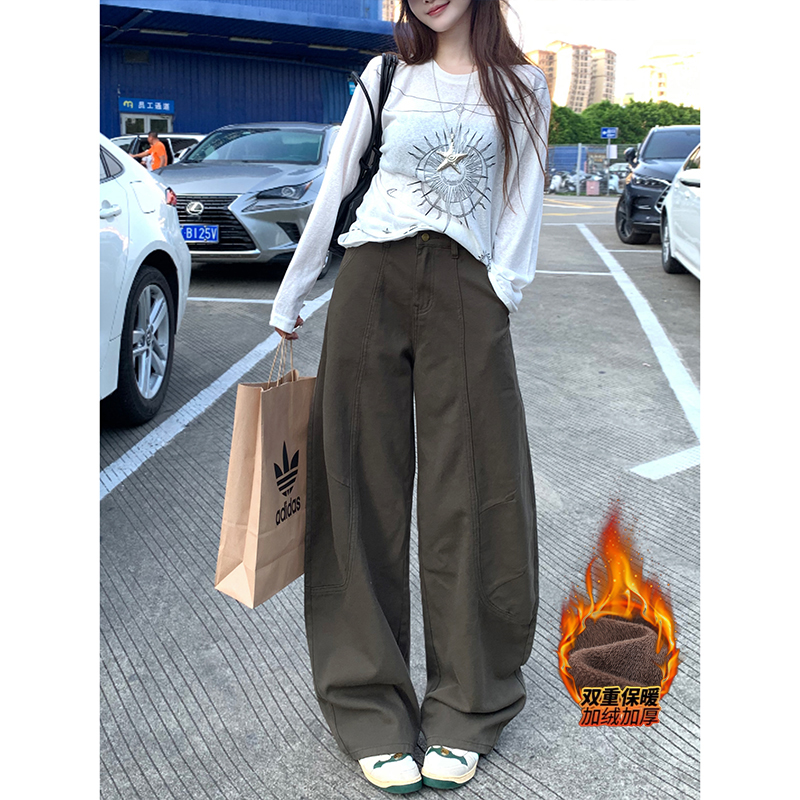 美式复古弯刀加绒阔腿裤女2025年冬季新款高腰显瘦休闲拖地长裤