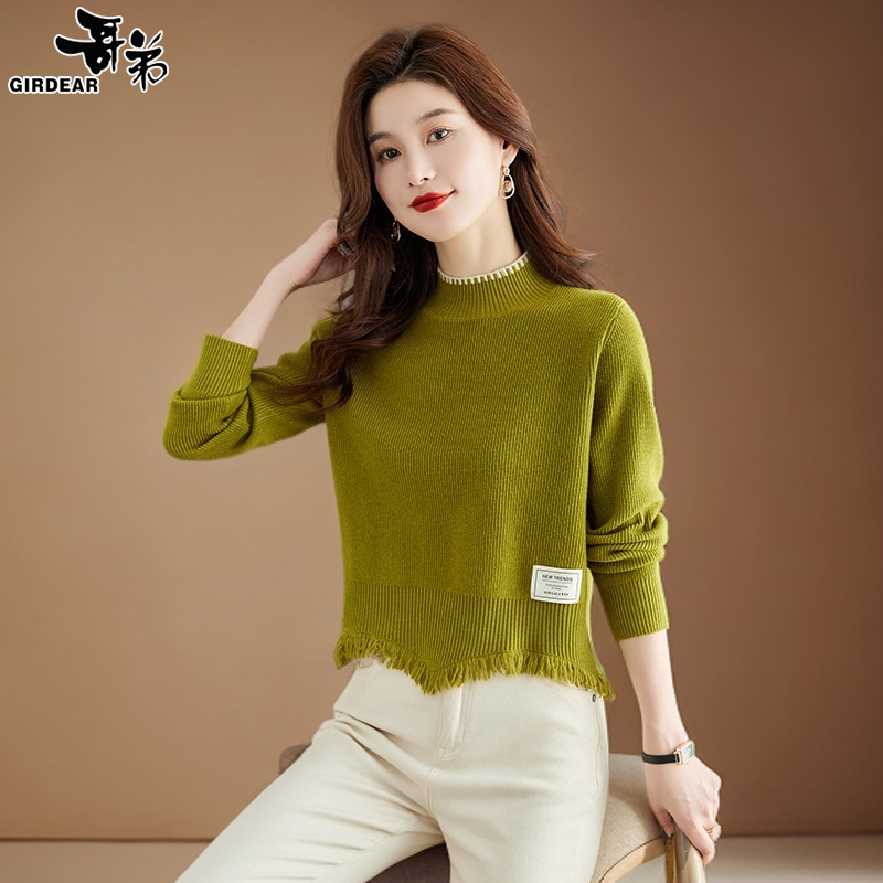 动感哥弟不规则流苏短款毛衣女秋冬季小个子半高领羊毛打底衫