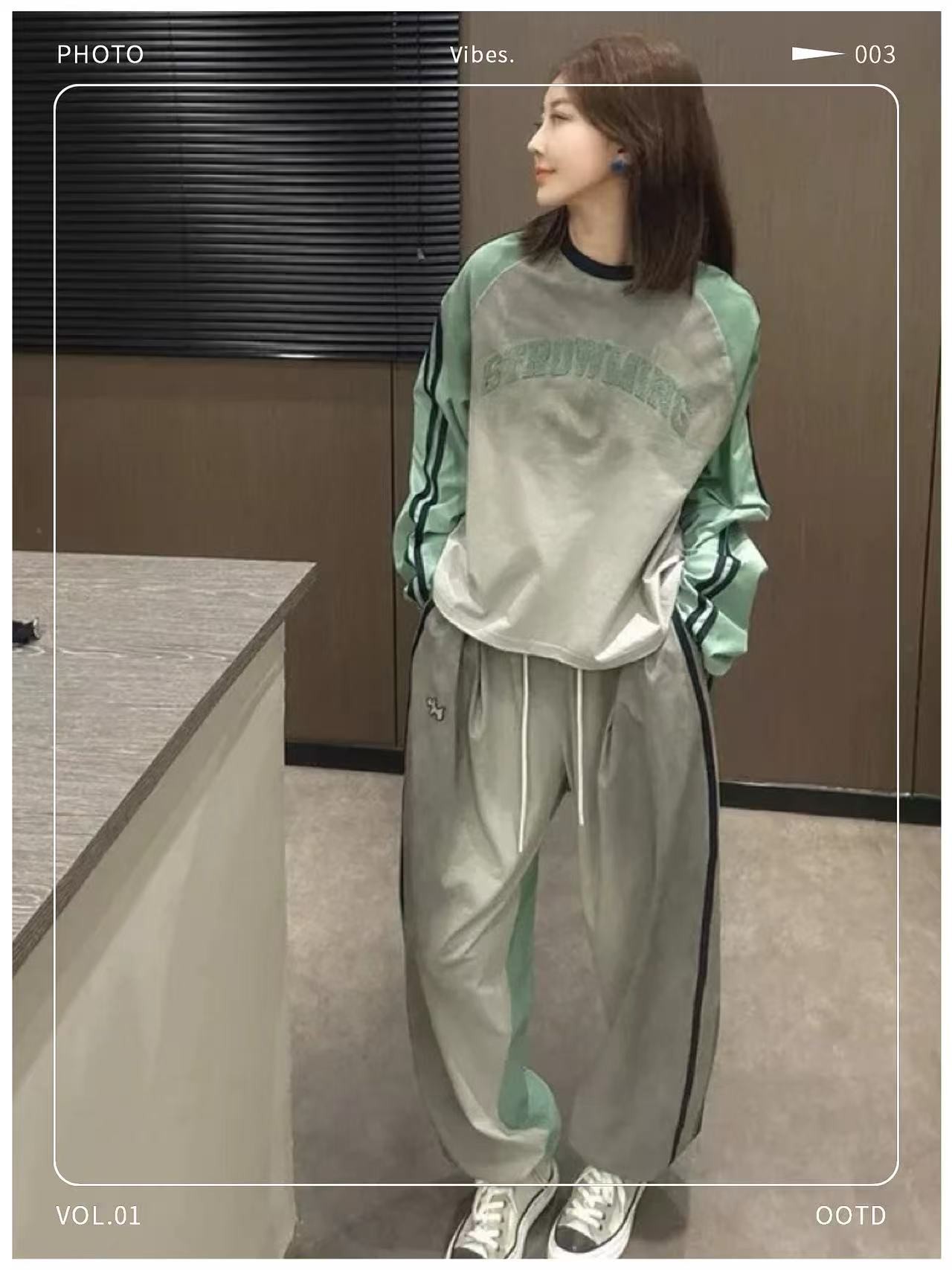 欧洲站2025秋季新款韩版百搭休闲显瘦印花圆领T恤高腰长裤两件套