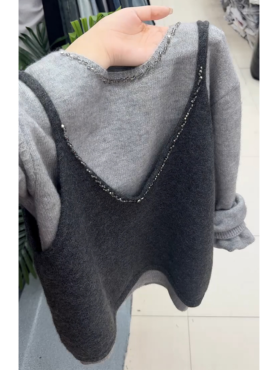 韩系重工钉珠针织背心打底衫两件套2025秋季新款时尚减龄叠穿上衣