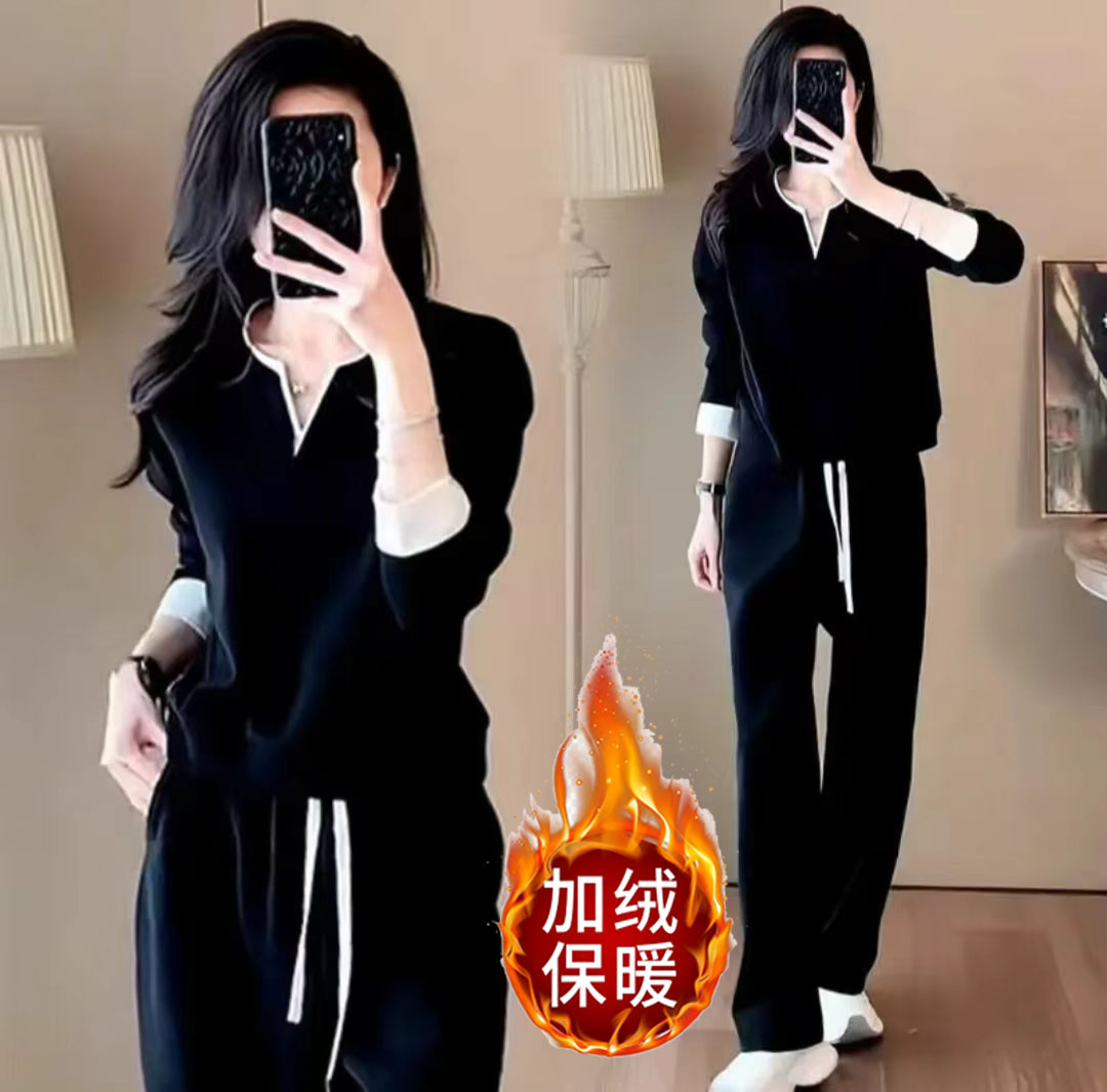 5188休闲风运动套装女2025秋冬加绒韩版V领宽松卫衣时尚两件套