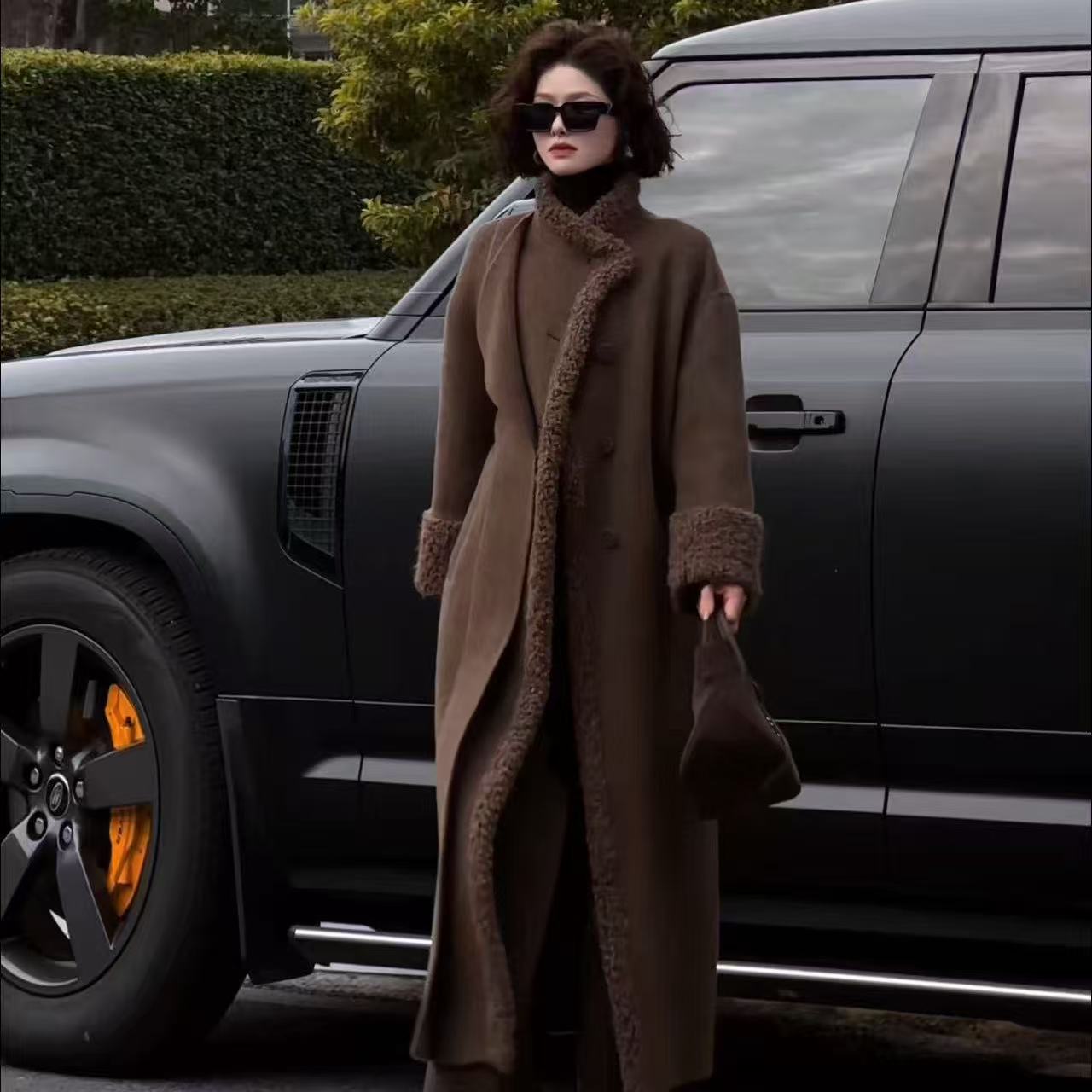 薇姐【檀兮】Sister·We拼接绒边腰带款立领双面呢羊毛大衣  85001