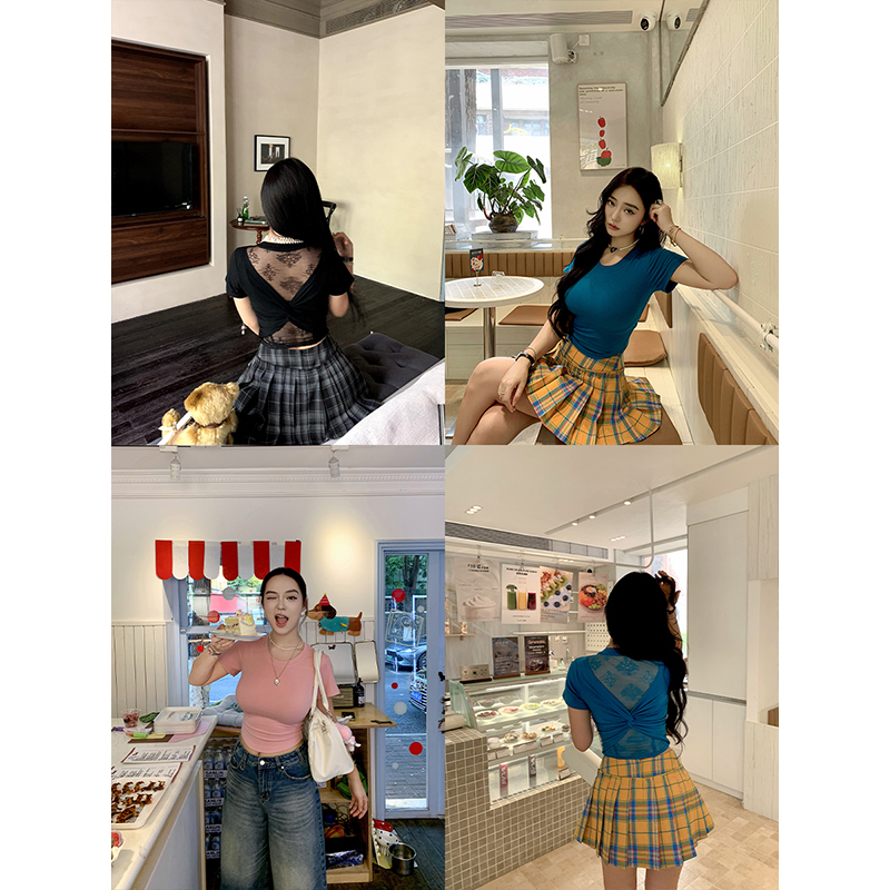 肉装小cherry 美背攻心 微胖正肩修身上衣后背拼蕾丝扭结短袖T恤