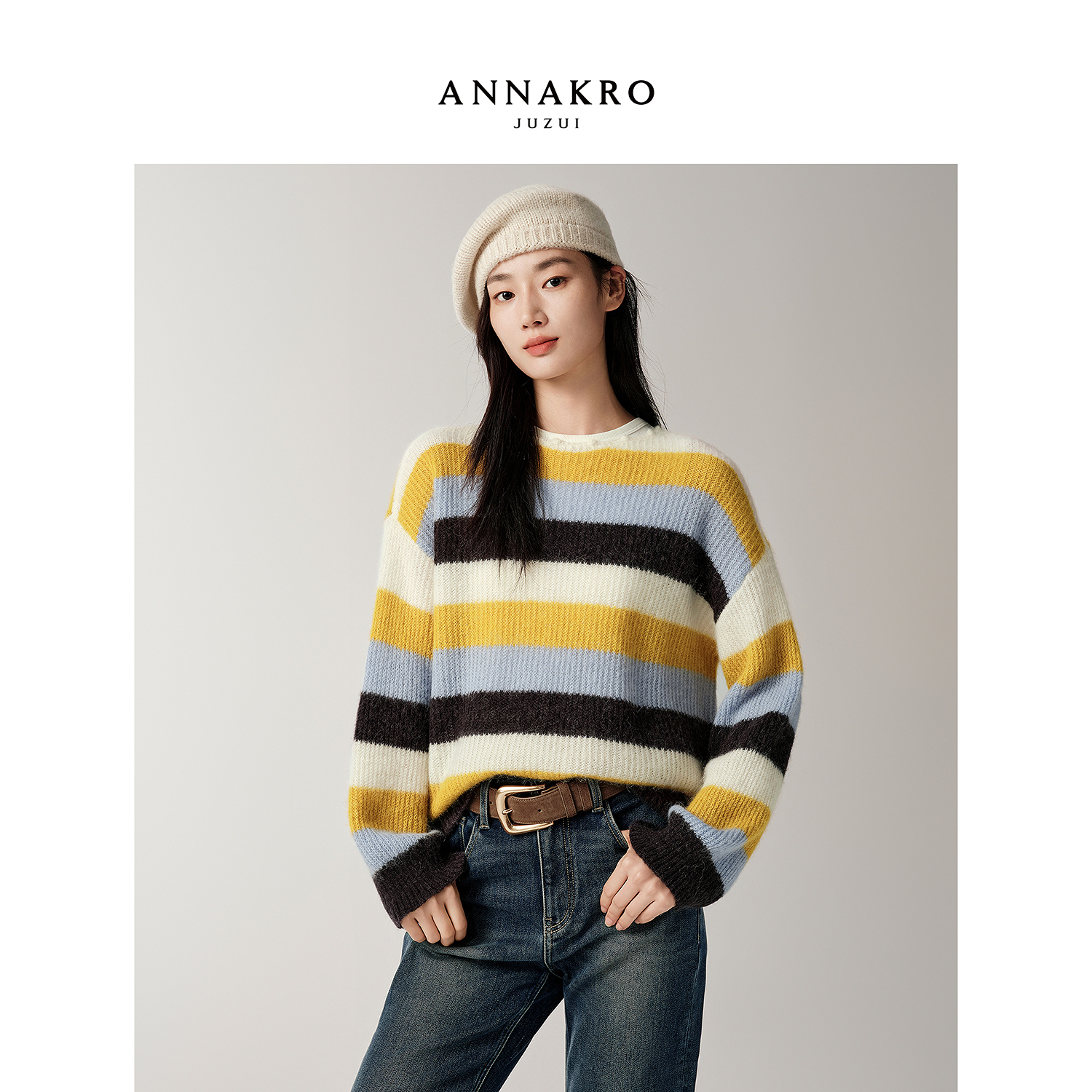玖姿安娜蔻活力撞色彩条纹圆领落肩H型羊毛针织25冬新KWFD31029