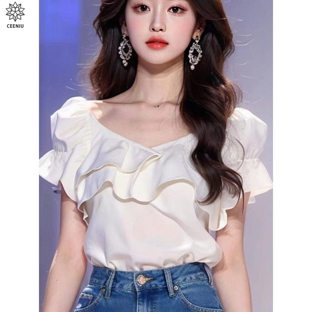 CEENIU时尚高级感显瘦百搭V领荷叶边短袖T恤女夏简约气质绝美上衣