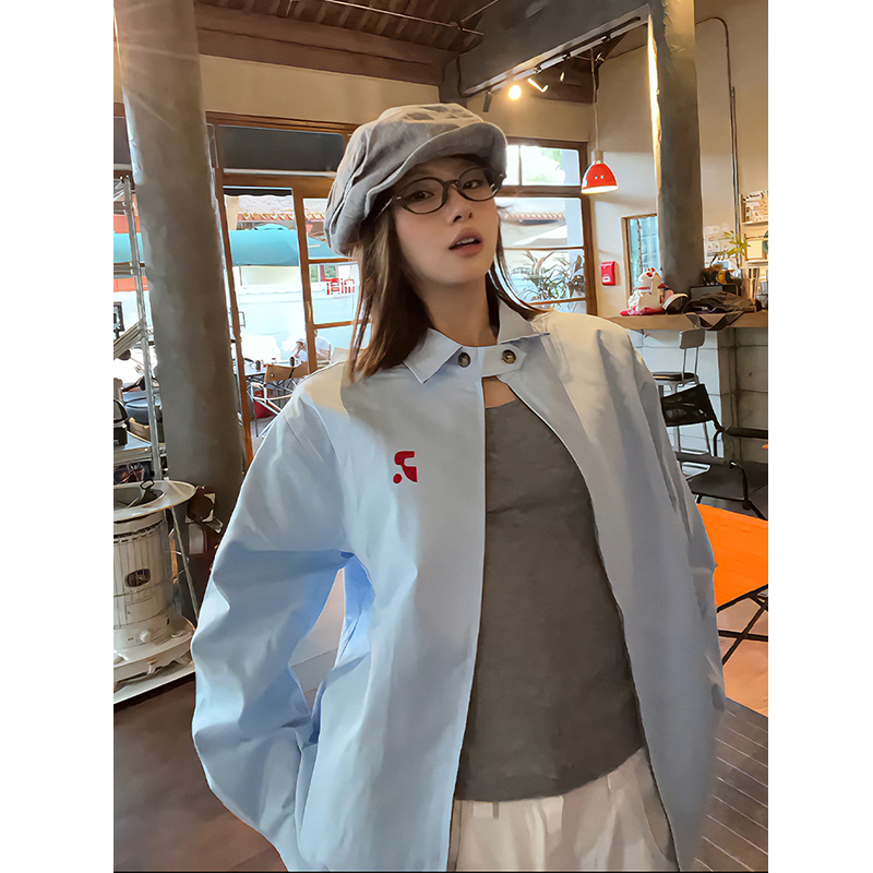 浅蓝色复古翻领外套男女秋季美式哈灵顿夹克cleanfit情侣短款上衣