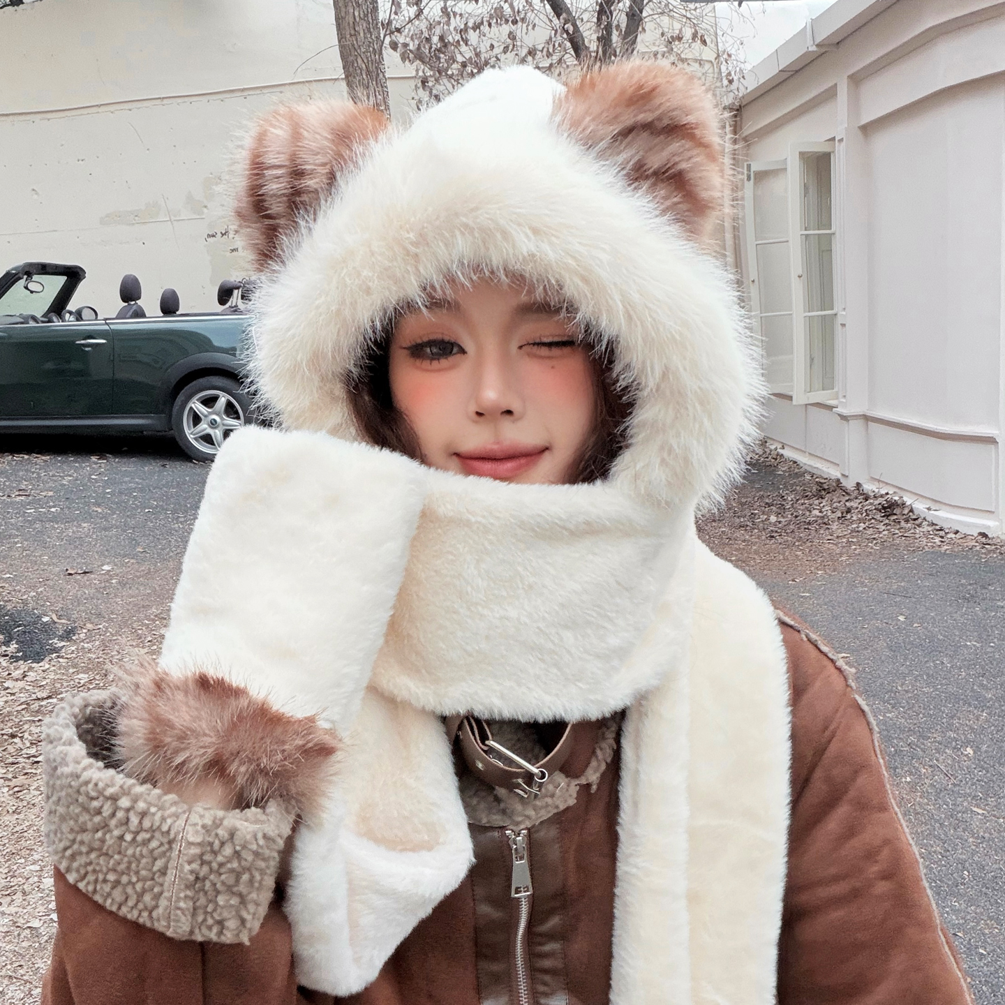 小熊毛绒帽子围巾一体女冬季加厚保暖围脖骑车防寒帽巨超好看冬帽