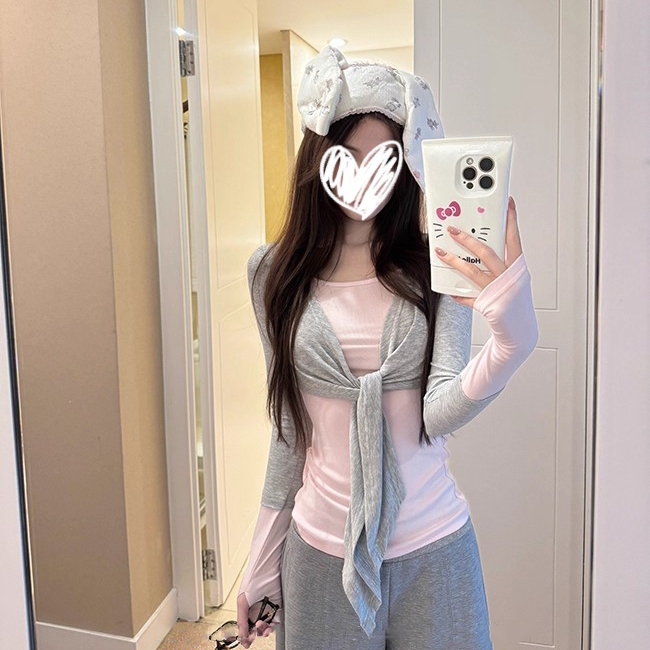 2025早秋新款小众独特撞色拼接设计感假两件长袖t恤纯欲百搭上衣