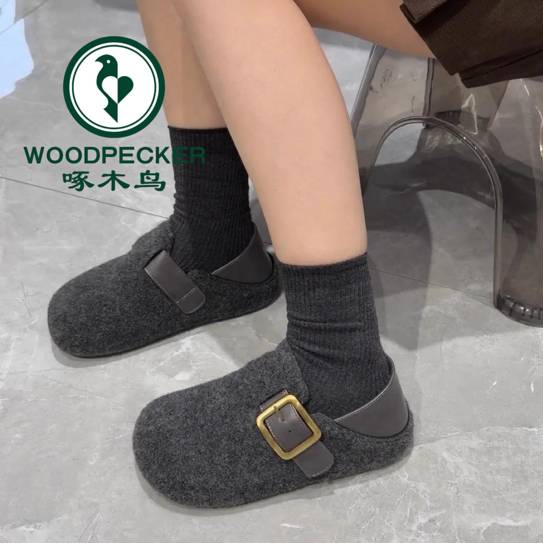 啄木鸟勃肯鞋女灰色秋冬新款毛呢厚底毛毛鞋加绒保暖穆勒鞋棉鞋