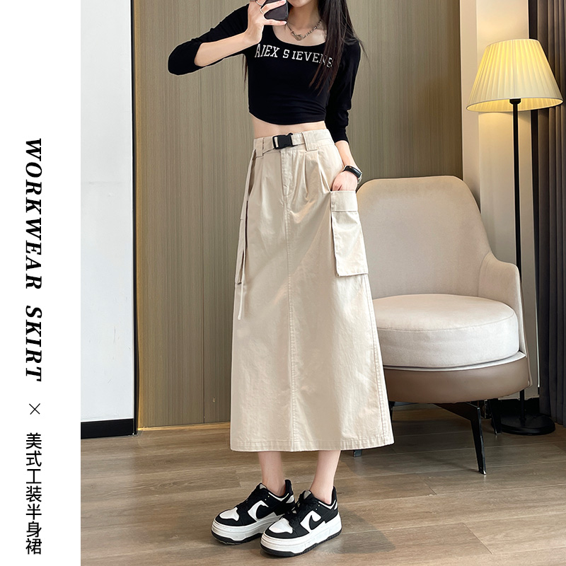 美式工装裙小个2025新爆款春秋大口袋开叉高腰a字中长款半身裙子