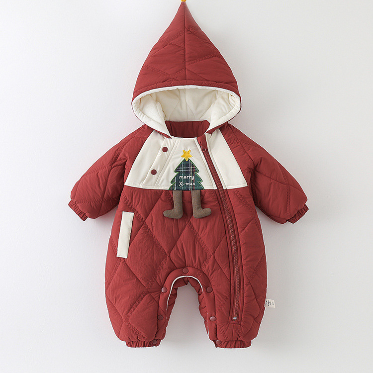 婴儿圣诞冬款加厚夹棉连体衣小月龄宝宝外穿连帽加绒棉衣可爱抱衣